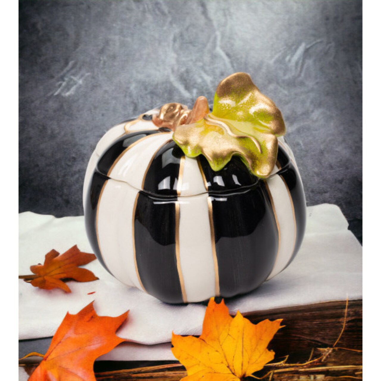 Ceramic Black And White Pumpkin Box Gift 3.5 Inch Kitchen Fall Halloween